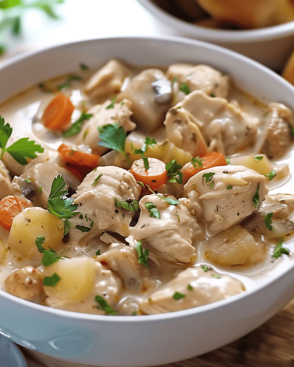A bowl of creamy Southern-style chicken stew filled with tender chicken pieces, carrots, potatoes, and fresh parsley.
