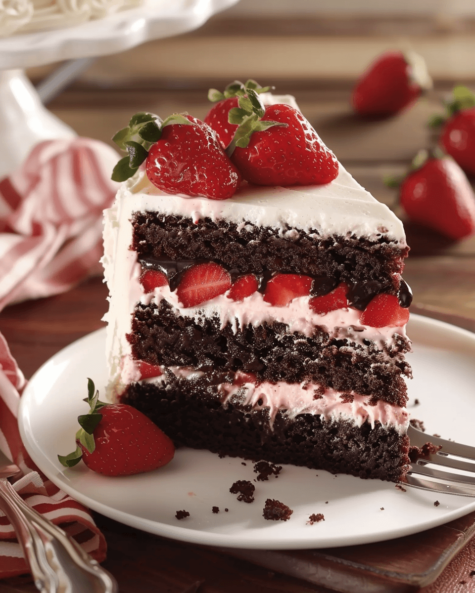 A rich slice of chocolate cake layered with fresh strawberries, strawberry cream cheese frosting, and glossy chocolate ganache, topped with whole strawberries.