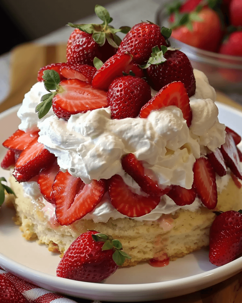 A delicious strawberry shortcake with layers of tender shortcake, fresh strawberries, and fluffy whipped cream, served on a white plate.