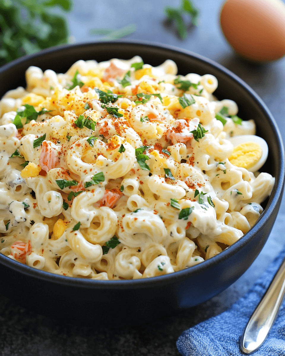 A bowl of creamy ranch macaroni salad with elbow pasta, chopped veggies, shredded cheese, hard-boiled eggs, and herbs, garnished with paprika.