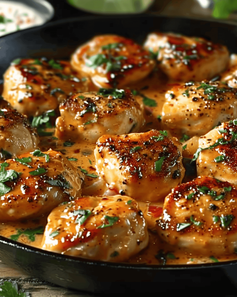 Juicy skillet-seared chicken bites coated in a rich, golden honey butter sauce, garnished with fresh herbs, served in a cast-iron skillet.