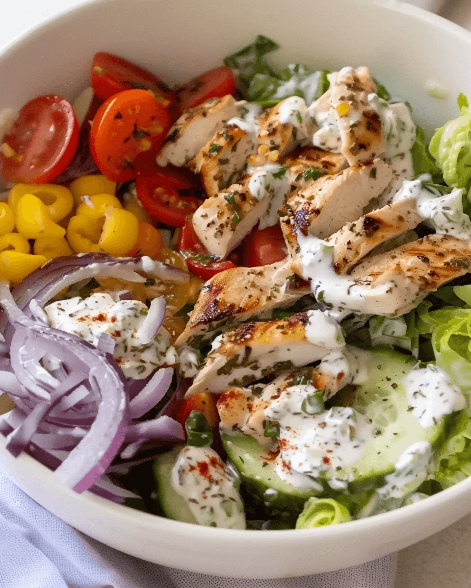 A fresh Tzatziki Chicken Salad with grilled chicken, cherry tomatoes, cucumbers, red onions, and creamy tzatziki dressing in a white bowl.