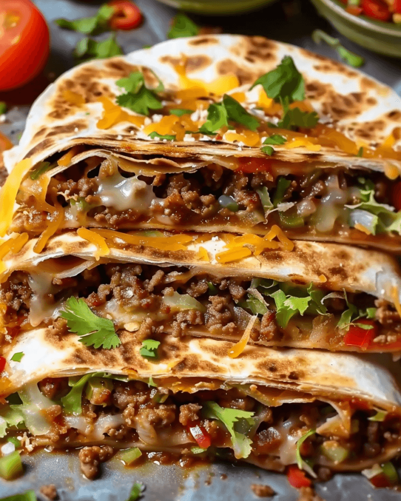 A stacked, grilled Crunchwrap Supreme filled with seasoned beef, melted cheese, fresh lettuce, diced peppers, and cilantro, topped with shredded cheese.