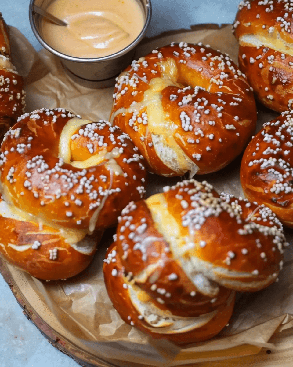 Golden brown pretzel sandwiches filled with melted Swiss cheese, sprinkled with coarse salt, and served with creamy dipping sauce