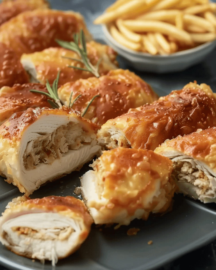 Crispy golden chicken rolls stuffed with seasoned shredded chicken, served on a dark plate with rosemary garnish and fries in the background.
