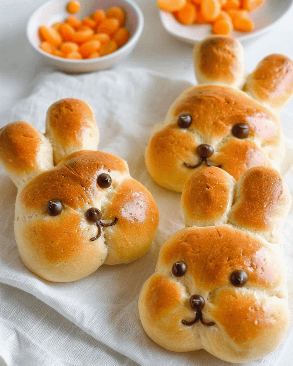 Three golden-brown bunny face bread rolls with chocolate eyes and noses, displayed on a white cloth with bowls of baby carrots nearby.