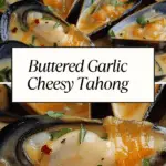 Fresh mussels in their shells, smothered in rich garlic butter sauce and melted cheese, garnished with fresh herbs and chili flakes.