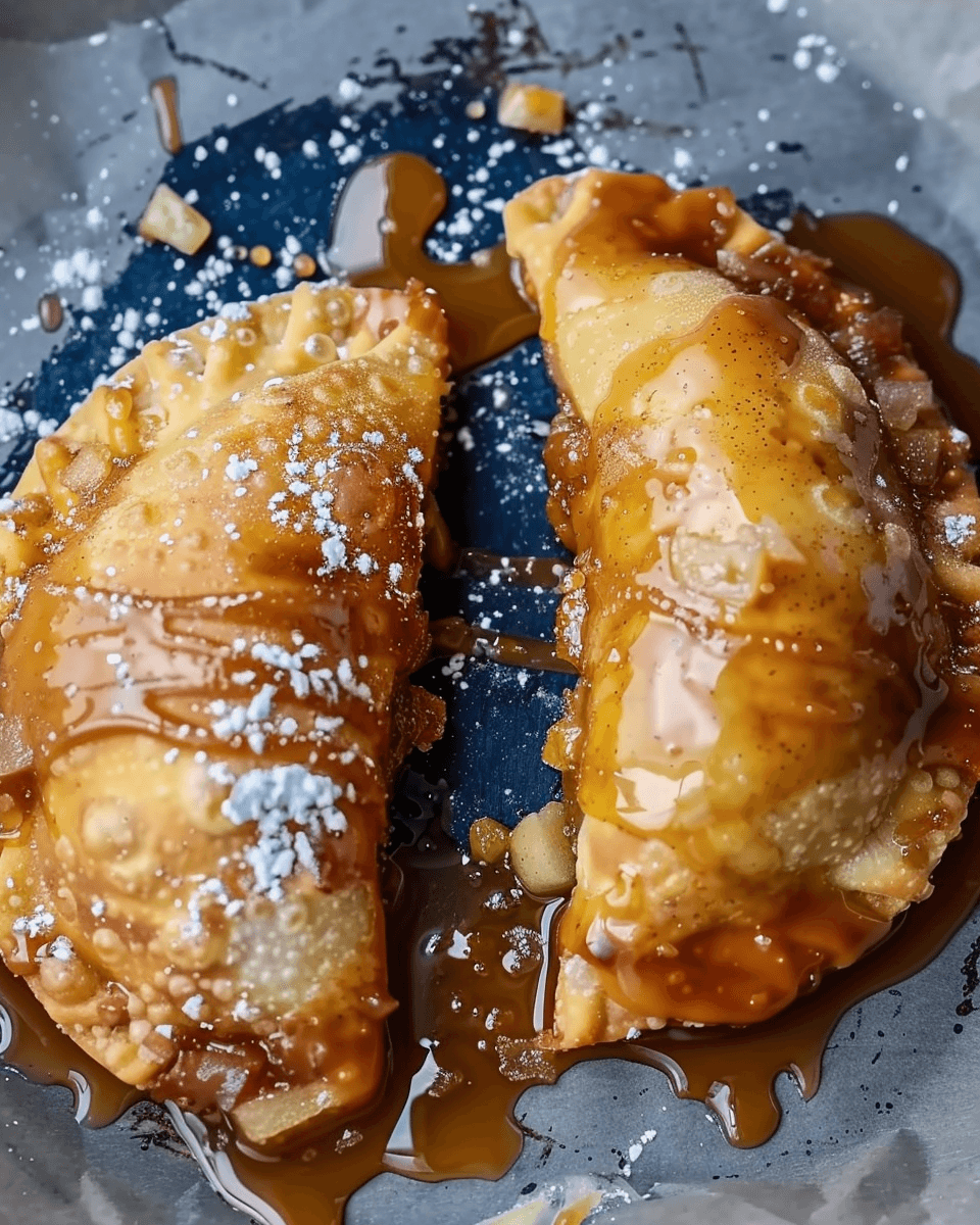 Two golden-brown fried empanadas drizzled with caramel sauce and dusted with powdered sugar, served on a dark plate.