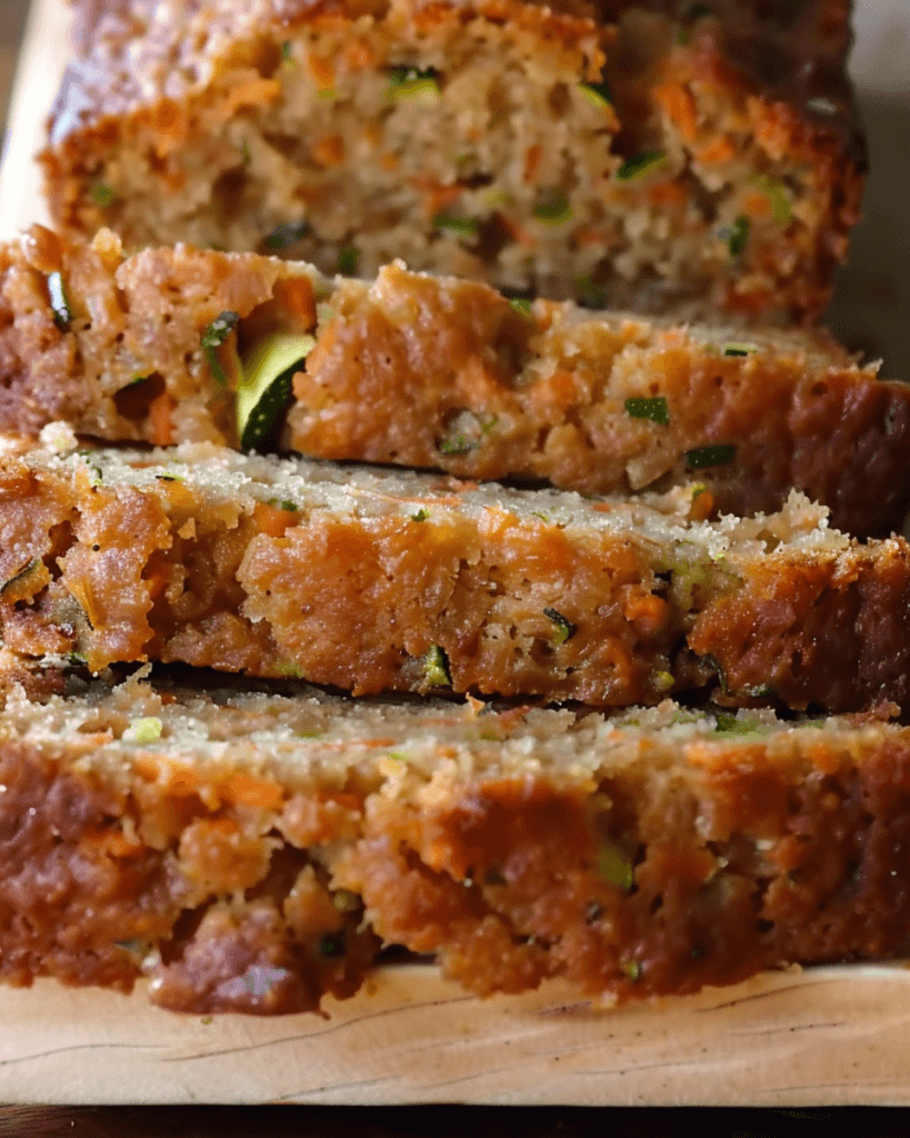 A freshly baked loaf of Carrot Apple Zucchini Bread, sliced to reveal its moist texture, with visible bits of shredded carrots, zucchini, and apple.