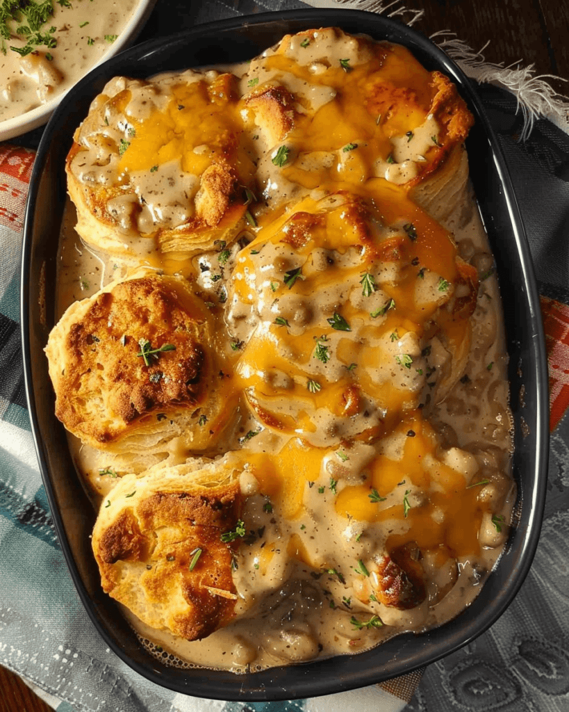 A hearty Cheesy Biscuits & Gravy Hashbrown Casserole with golden-brown biscuits, melted cheddar cheese, and creamy sausage gravy, garnished with fresh herbs.