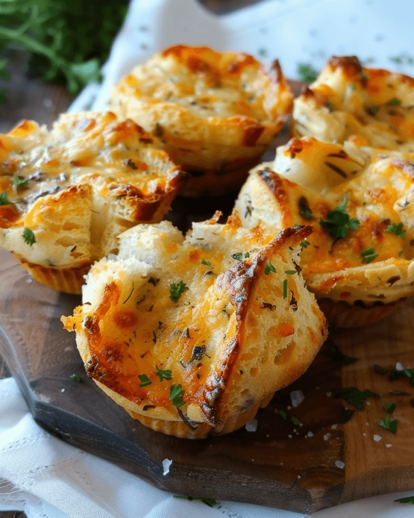 Golden brown cheesy pull-apart muffin cups garnished with herbs on a wooden board. Title: Cheesy Herb Pull-Apart Muffin Cups