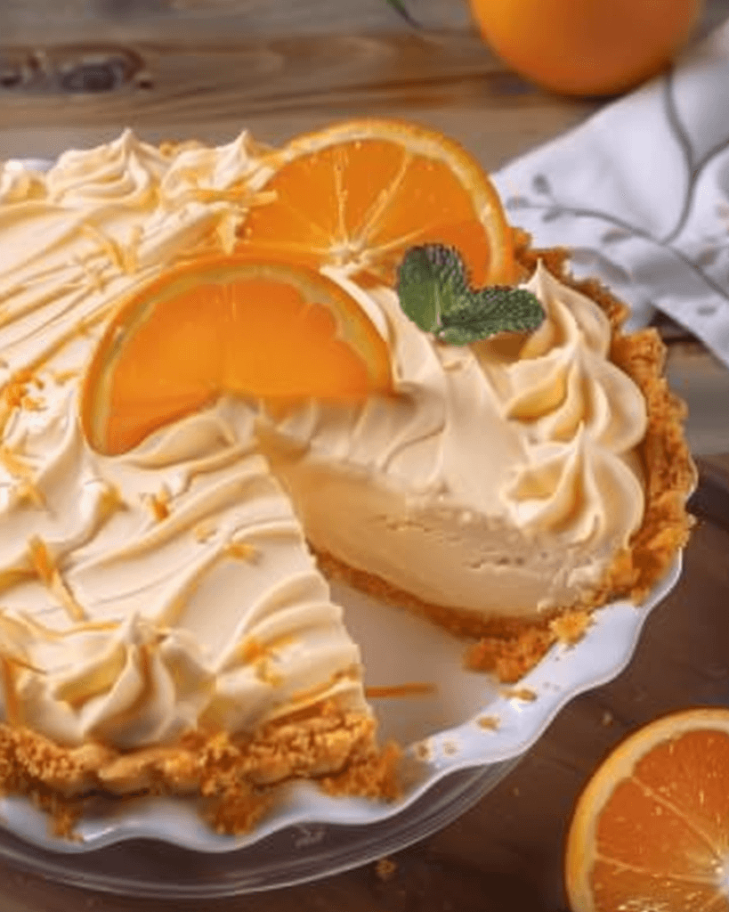 Creamy no-bake orange creamsicle pie with a graham cracker crust, topped with whipped cream swirls, orange slices, and mint.