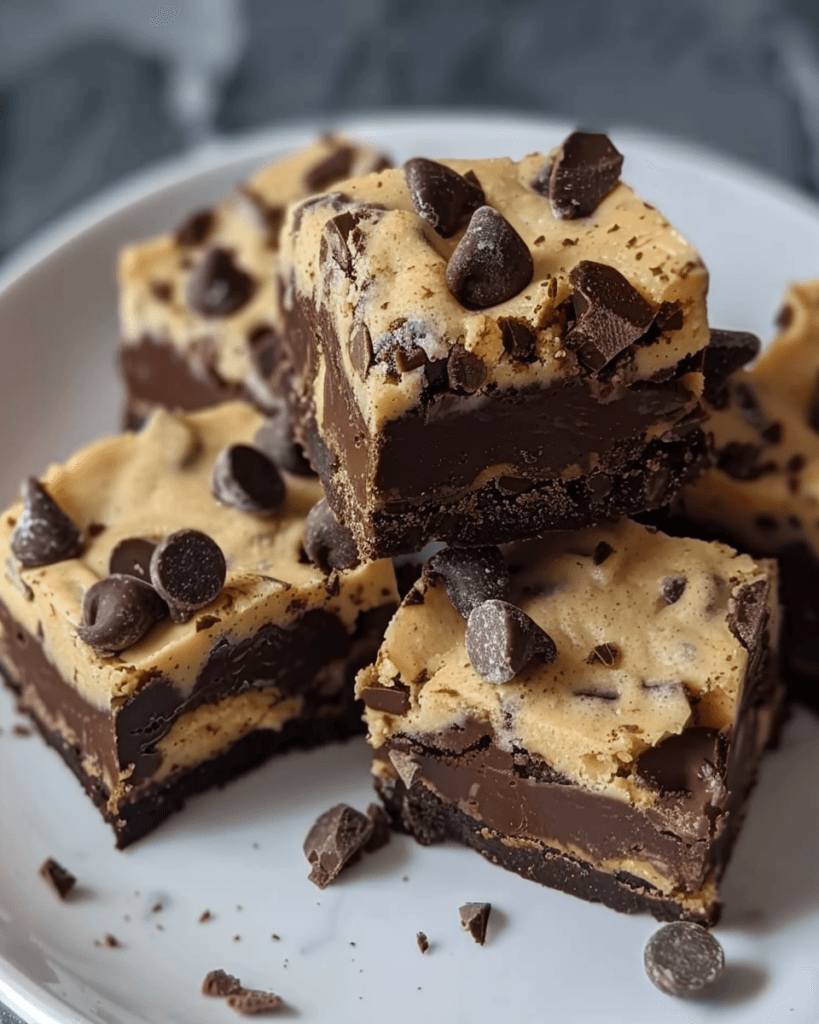 Thick chocolate cookie dough bars stacked on a plate, topped with chocolate chips and layered with fudge.