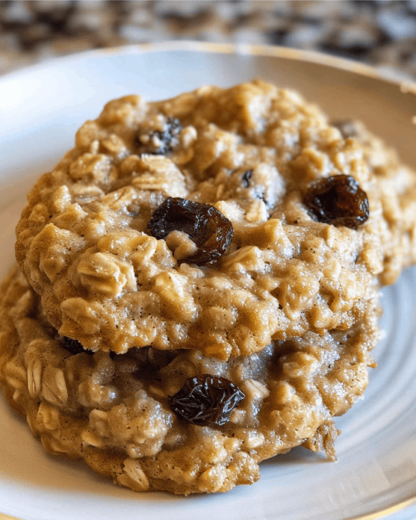 A stack of soft-baked oatmeal raisin cookies on a white plate, showcasing golden oats, plump raisins, and a chewy texture.