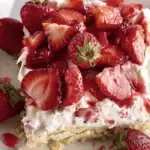 A slice of creamy strawberry tiramisu topped with fresh sliced strawberries and drizzled with strawberry syrup on a white plate.