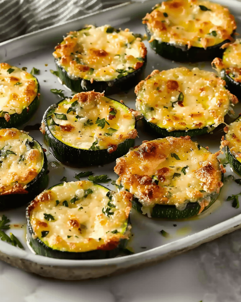 Golden-brown zucchini slices baked with melted parmesan cheese and herbs, served on a ceramic platter.