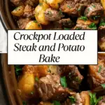 Tender steak bites and golden potatoes slow-cooked in a rich, savory sauce, garnished with fresh parsley in a rustic brown bowl.