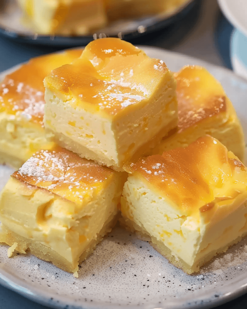 Golden square custard cake pudding bites stacked on a plate, featuring soft layers of creamy custard and sponge cake, lightly dusted with powdered sugar.