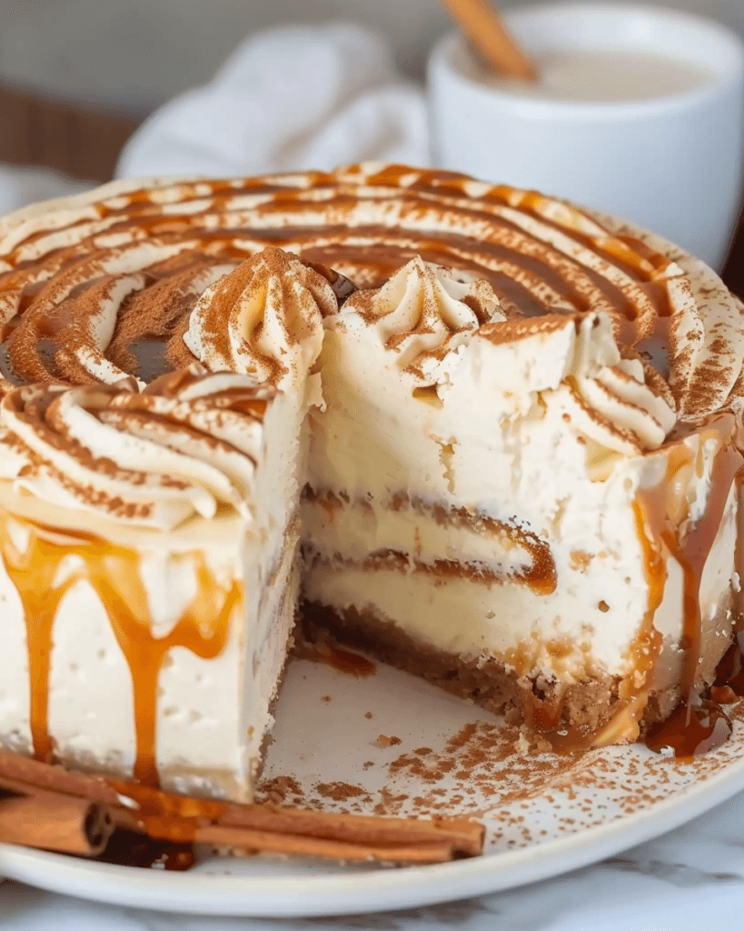 A creamy cinnamon roll cheesecake with visible cinnamon layers, topped with piped cream cheese swirls, cinnamon dusting, and drizzled caramel sauce, with a slice removed to reveal the inside texture.