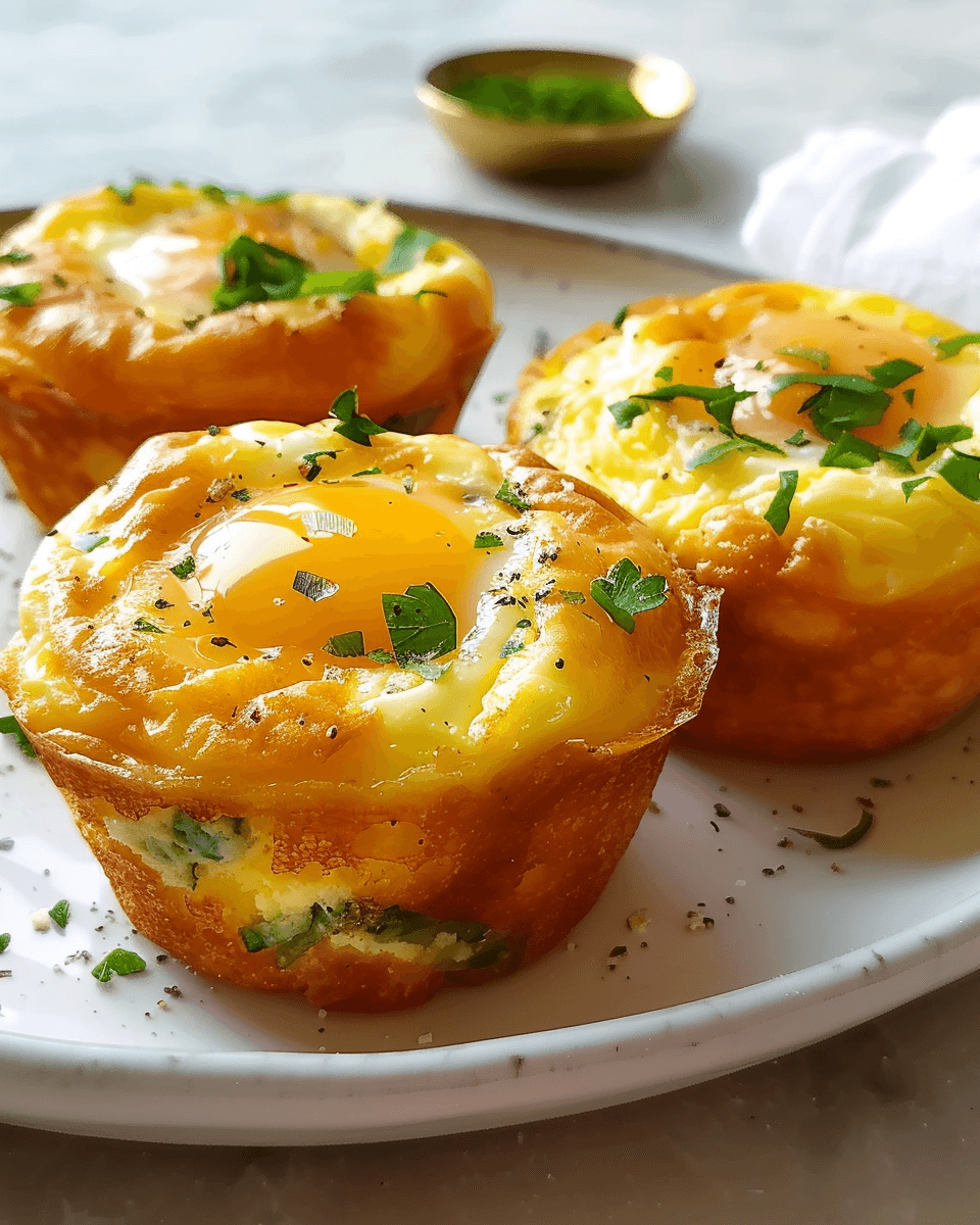 Three golden-brown egg muffins with melted cheese, fresh herbs, and runny yolks, served on a white plate with a bowl of chopped herbs in the background.