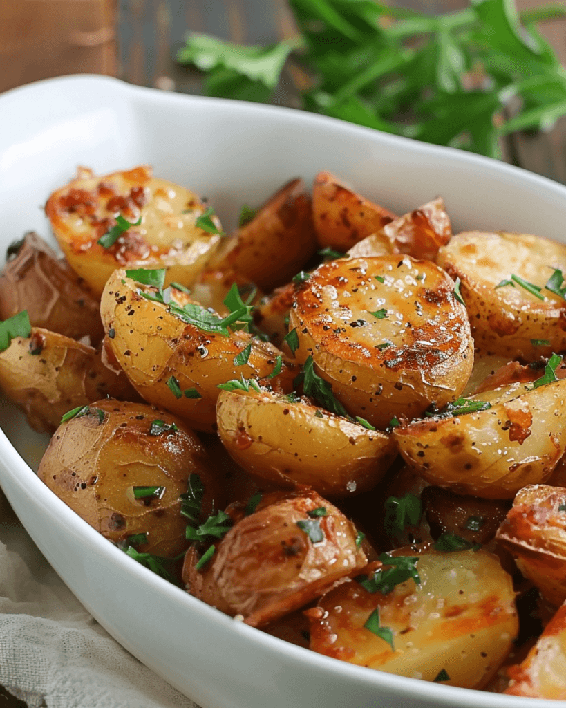 Bowl of golden brown garlic butter roasted baby potatoes garnished with fresh parsley.