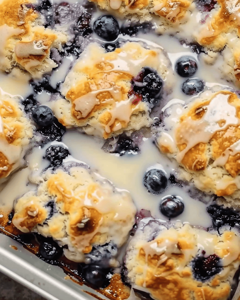 Close-up of golden blueberry butter swim biscuits baked in a pan, drenched in sweet vanilla glaze and bursting with juicy blueberries.