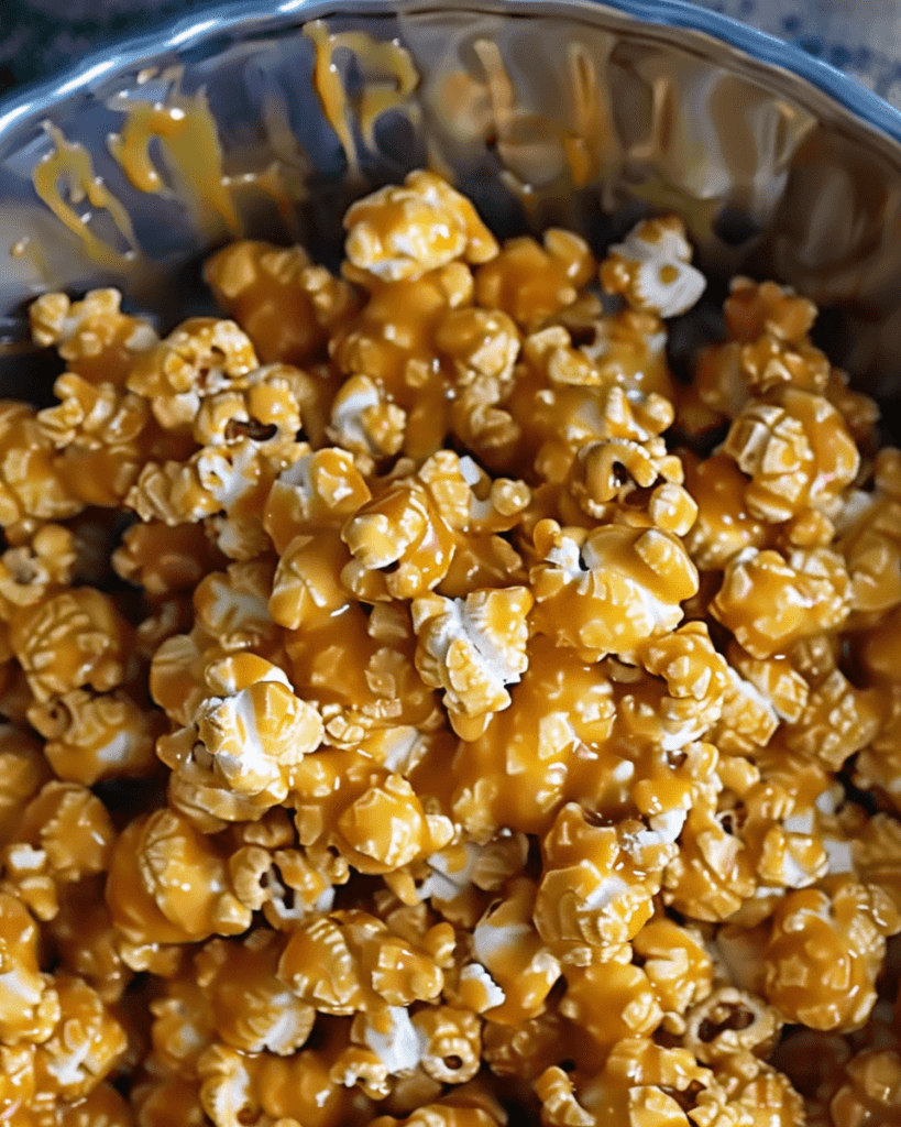 Close-up of glossy, golden caramel corn in a metal mixing bowl, coated in thick caramel sauce.