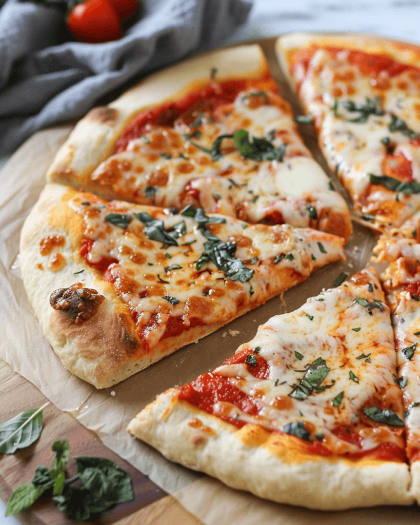 Sliced homemade cheese pizza topped with fresh basil on a golden, airy crust, resting on parchment over a wooden board.