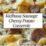 A rich and creamy kielbasa sausage and cheesy potato casserole, baked to golden perfection and garnished with fresh herbs.