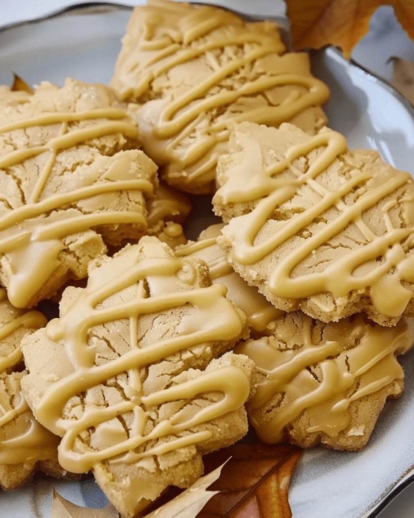 Maple leaf-shaped cookies drizzled with a golden maple glaze, stacked on a plate with fall leaves.
