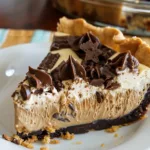 A close-up of a slice of no-bake peanut butter cup pie with a flaky crust, creamy peanut butter filling, chocolate ganache layer, and chocolate decorations.