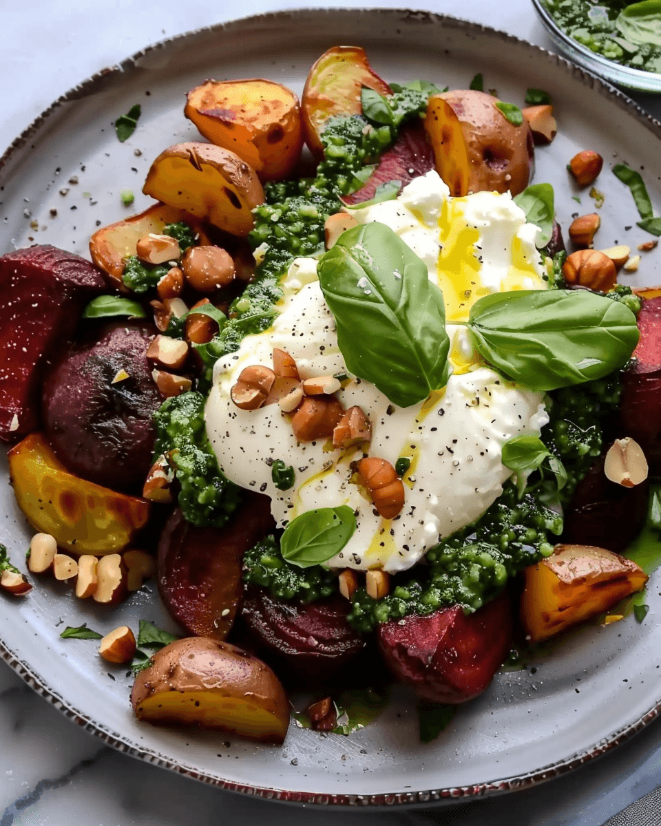 A colorful plate of roasted golden and red potatoes, beets, creamy burrata cheese, walnut sage pesto, and fresh basil leaves.
