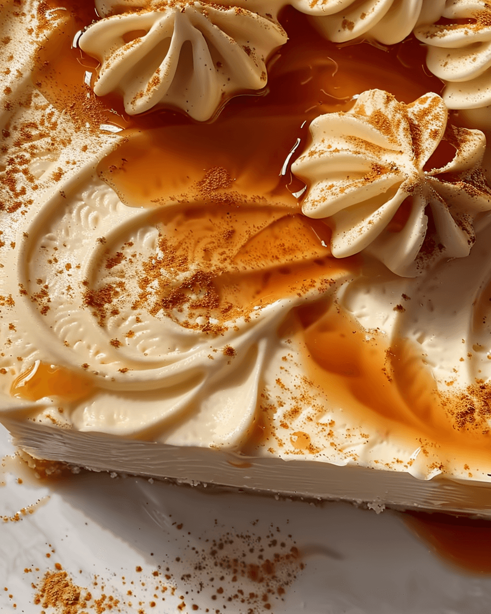 A creamy salted caramel cheesecake topped with whipped cream swirls, drizzled caramel sauce, and a dusting of cinnamon.