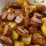 A hearty bowl of roasted sausage and golden potatoes, seasoned with herbs and caramelized onions.