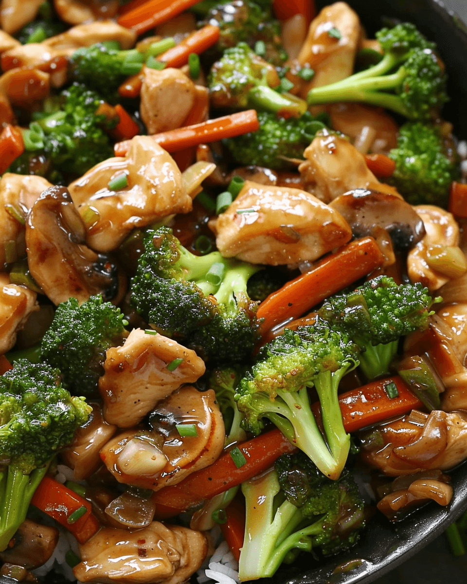 Close-up of stir-fried chicken with broccoli, carrots, mushrooms, and garlic sauce over white rice.