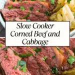 Tender slow-cooked corned beef sliced and served with seasoned cabbage, garnished with fresh parsley in a bowl.