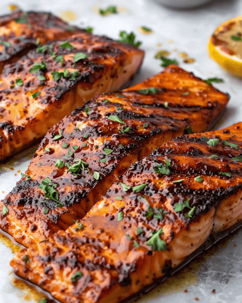 Smoked Cajun honey butter salmon fillets with a caramelized glaze, garnished with fresh herbs and served with grilled lemon.