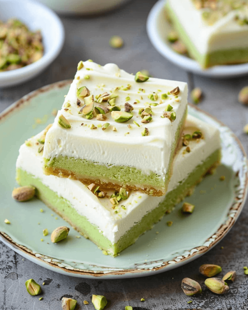 Stacked soft pistachio sugar cookie bars with creamy frosting and chopped pistachios on a rustic green plate