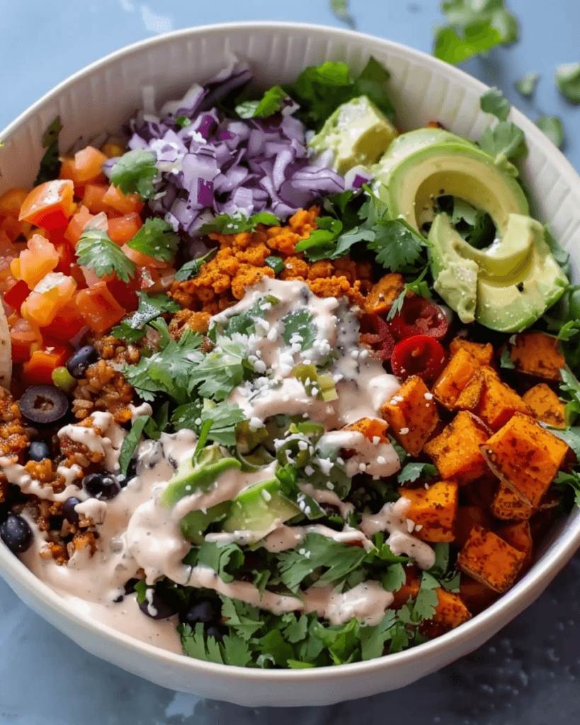 A vibrant taco bowl filled with spiced ground meat, roasted sweet potatoes, avocado slices, black beans, diced tomatoes, red onion, and a creamy drizzle.