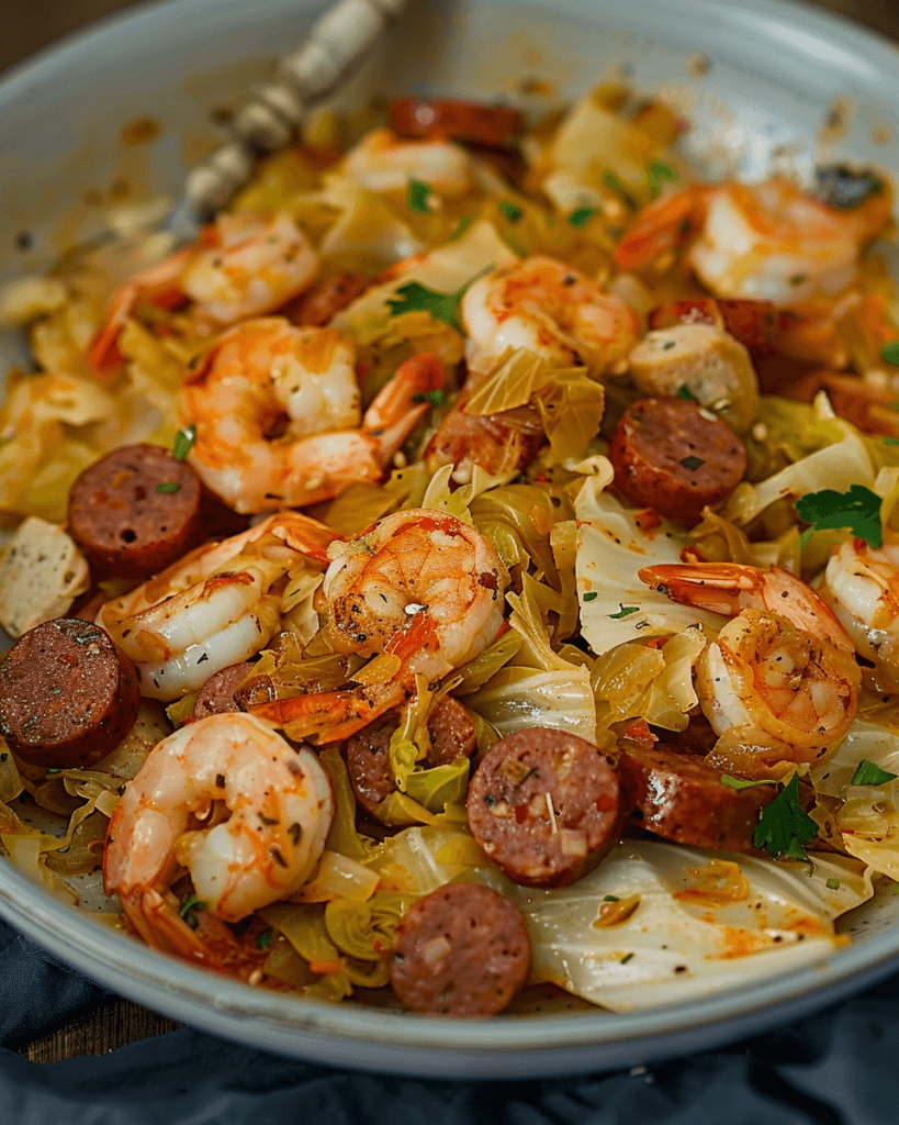 A bowl filled with sautéed cabbage, spicy shrimp, and sliced sausage, seasoned with herbs and spices for a hearty one-pan Southern dish.