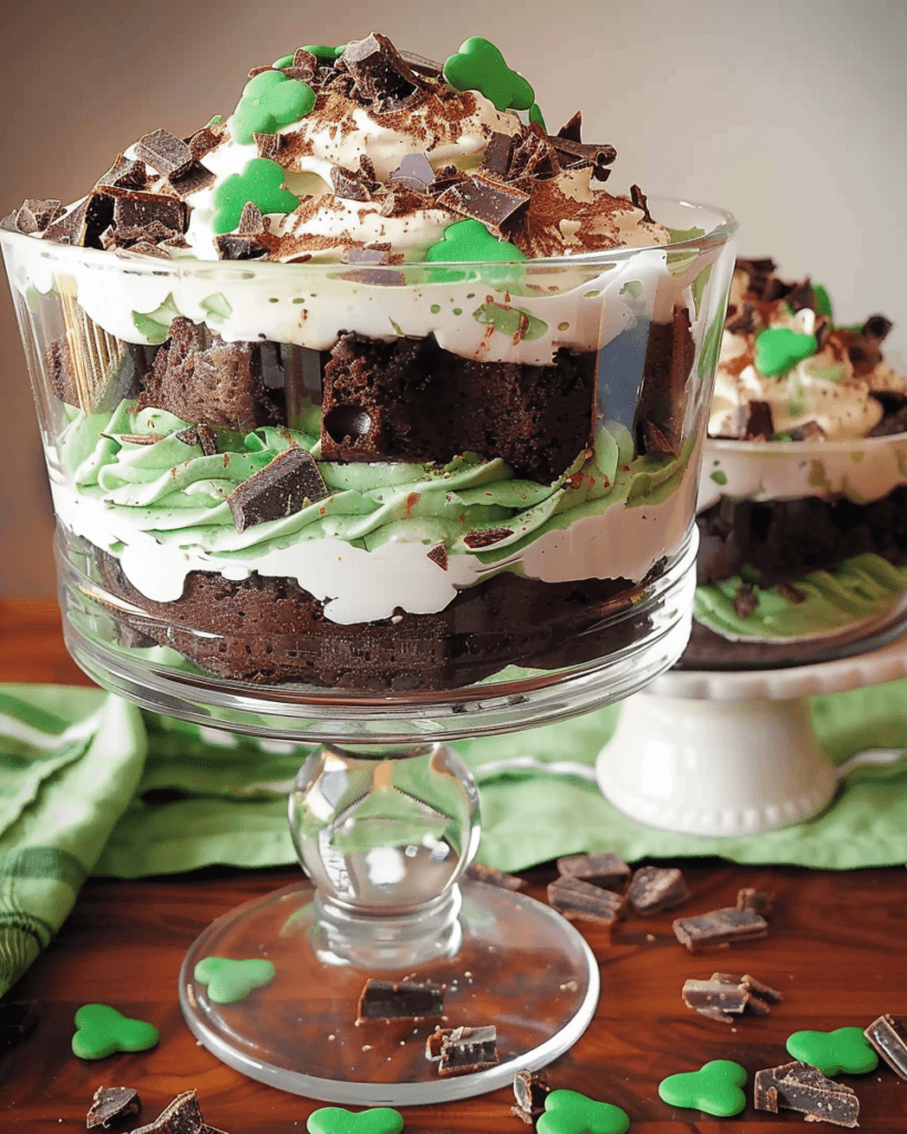 A festive St. Patrick's Day trifle in a glass dish, layered with rich brownies, green vanilla pudding, fluffy whipped topping, and topped with chocolate shavings and green shamrock-shaped sprinkles.