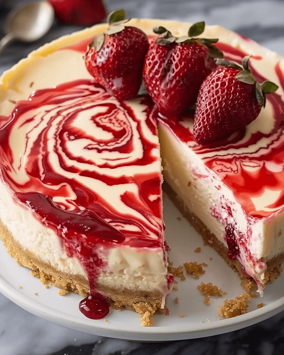 Strawberry swirl cheesecake with a graham cracker crust, topped with fresh strawberries and a vibrant strawberry sauce swirl