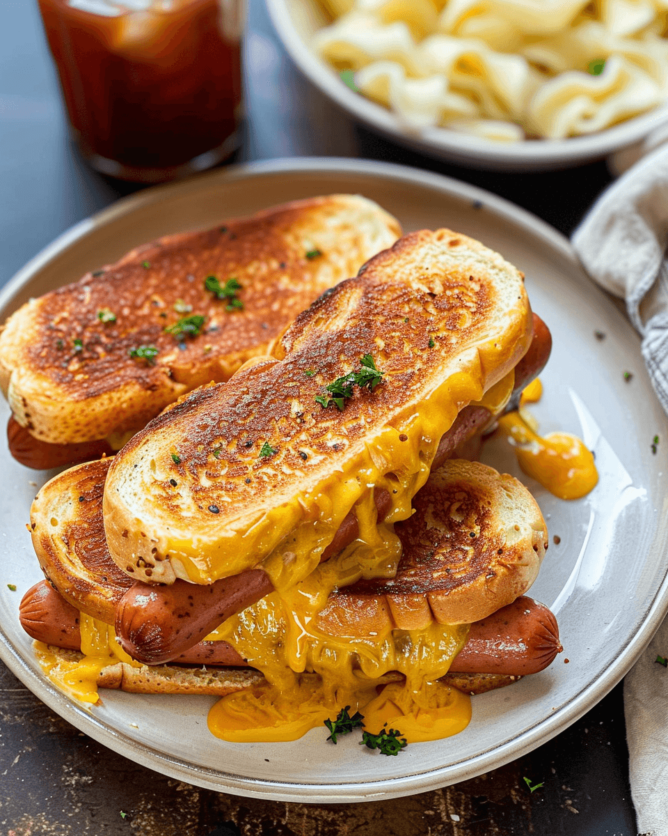 Grilled cheese hot dogs made in an air fryer, with melted cheddar oozing between golden, toasted bread slices and hot dogs.