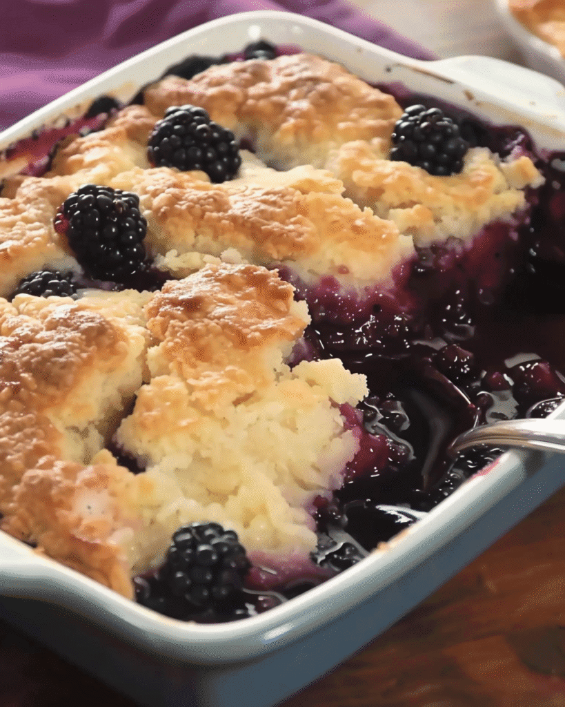 Freshly baked blackberry cobbler in a ceramic dish with golden biscuit topping and juicy blackberry filling peeking through.