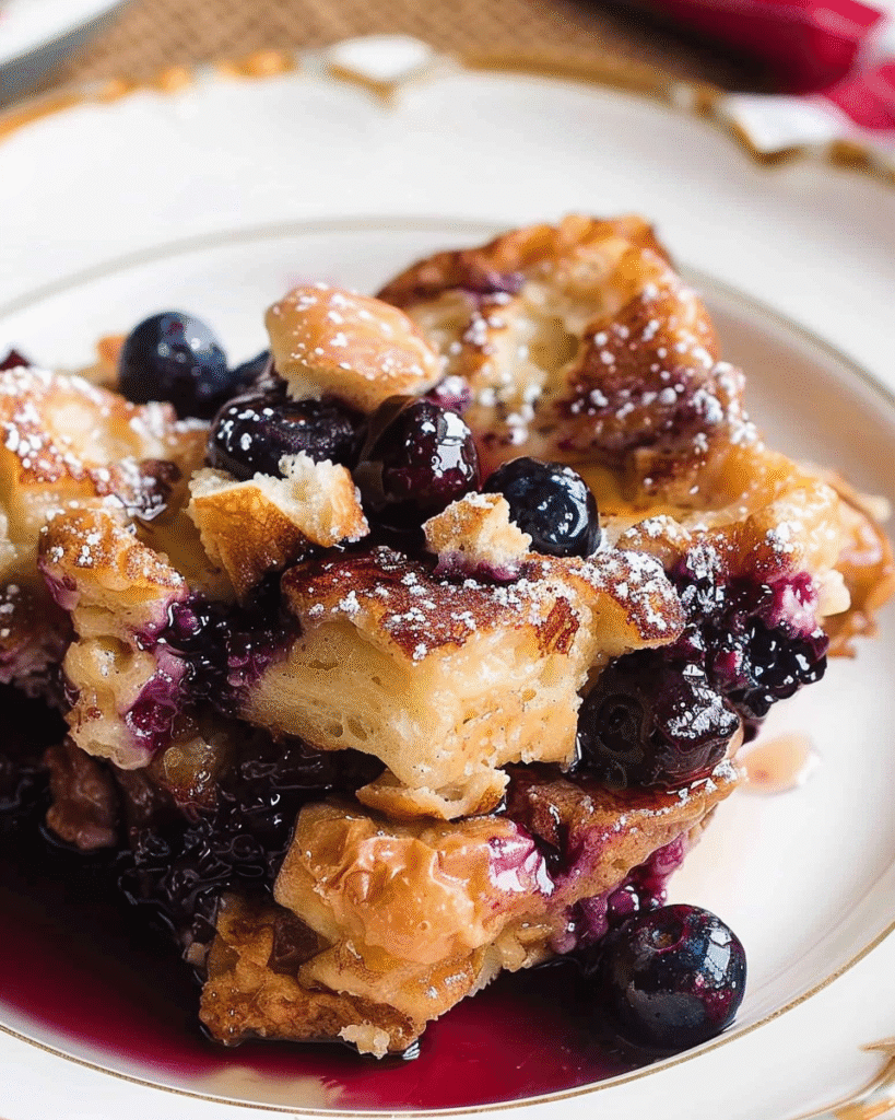 Golden baked blueberry French toast casserole with chunks of bread and whole blueberries, topped with powdered sugar on a decorative plate.