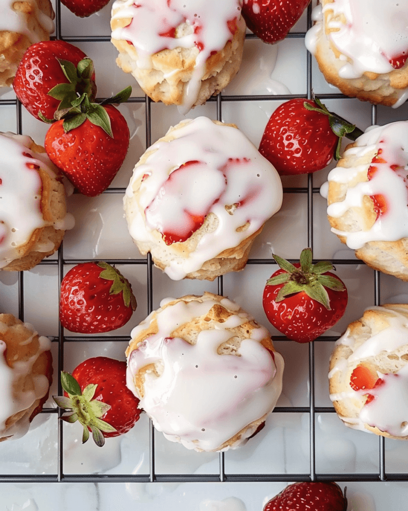 Freshly baked strawberry biscuits topped with vanilla glaze, cooling on a wire rack with whole strawberries.