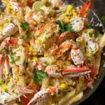 A bowl of Cajun crab pasta salad with penne pasta, crab claws, corn, herbs, and spices.