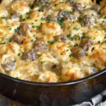Close-up of a cheesy cowboy casserole in a black baking dish, topped with golden melted cheese, sausage chunks, and sprinkled with fresh chopped chives.
