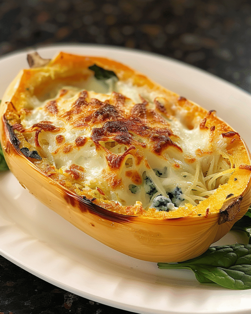 Baked spaghetti squash filled with cheesy garlic Parmesan spinach pasta, topped with melted golden-brown cheese, served on a white plate.