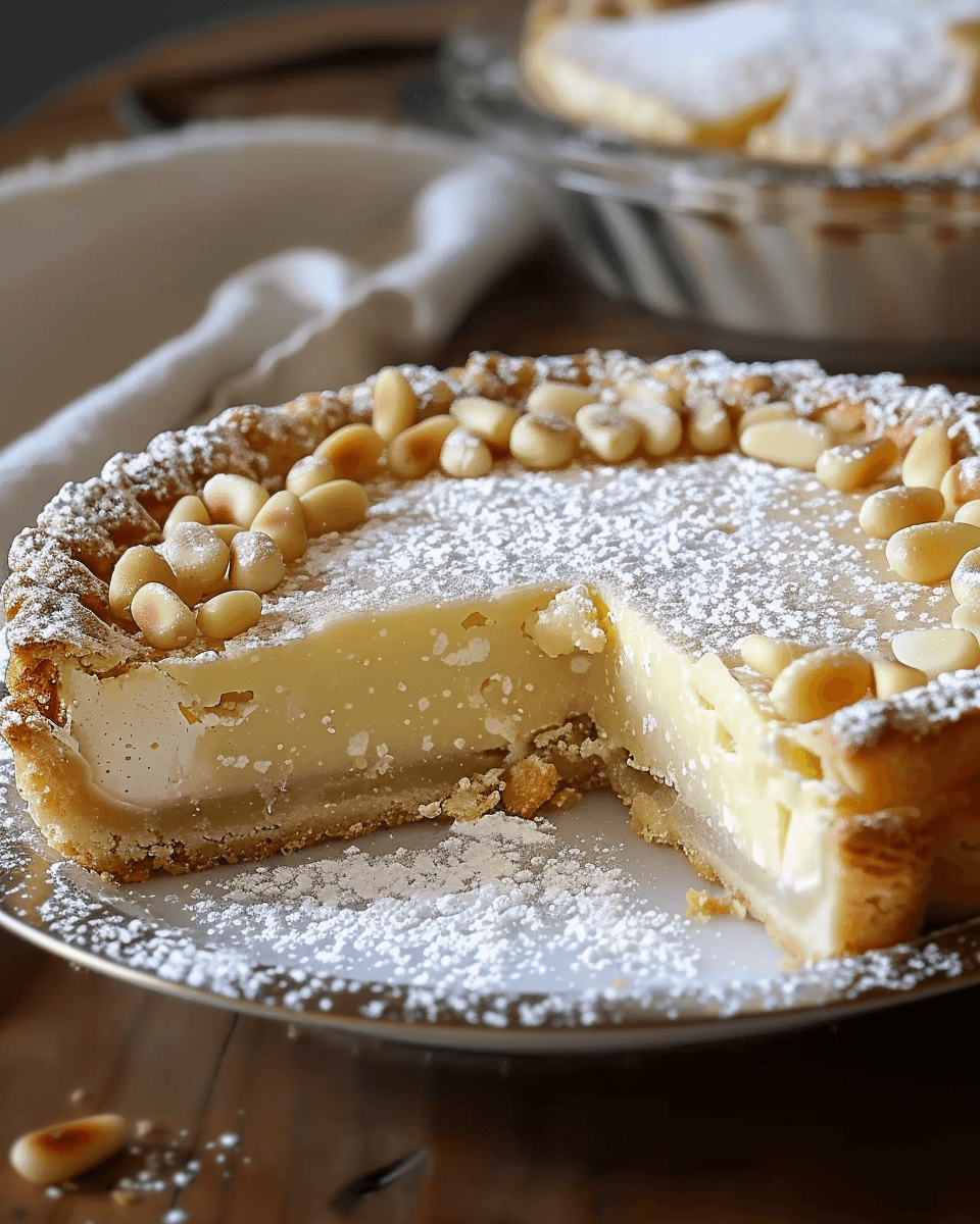Close-up of a sliced Torta della Nonna on a white plate, showcasing its creamy custard filling, golden pastry crust, pine nuts, and a dusting of powdered sugar.